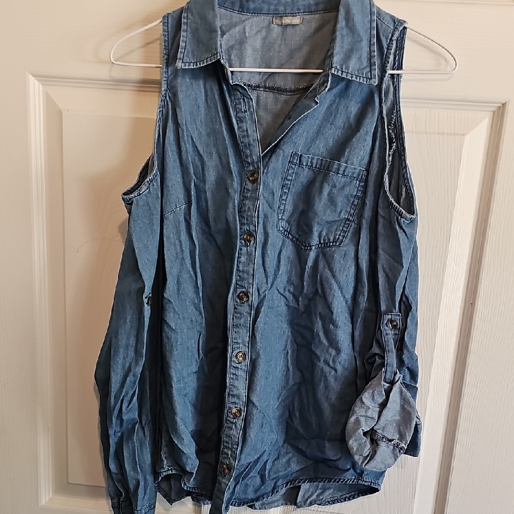 Denim Sleeveless Button-Up Top